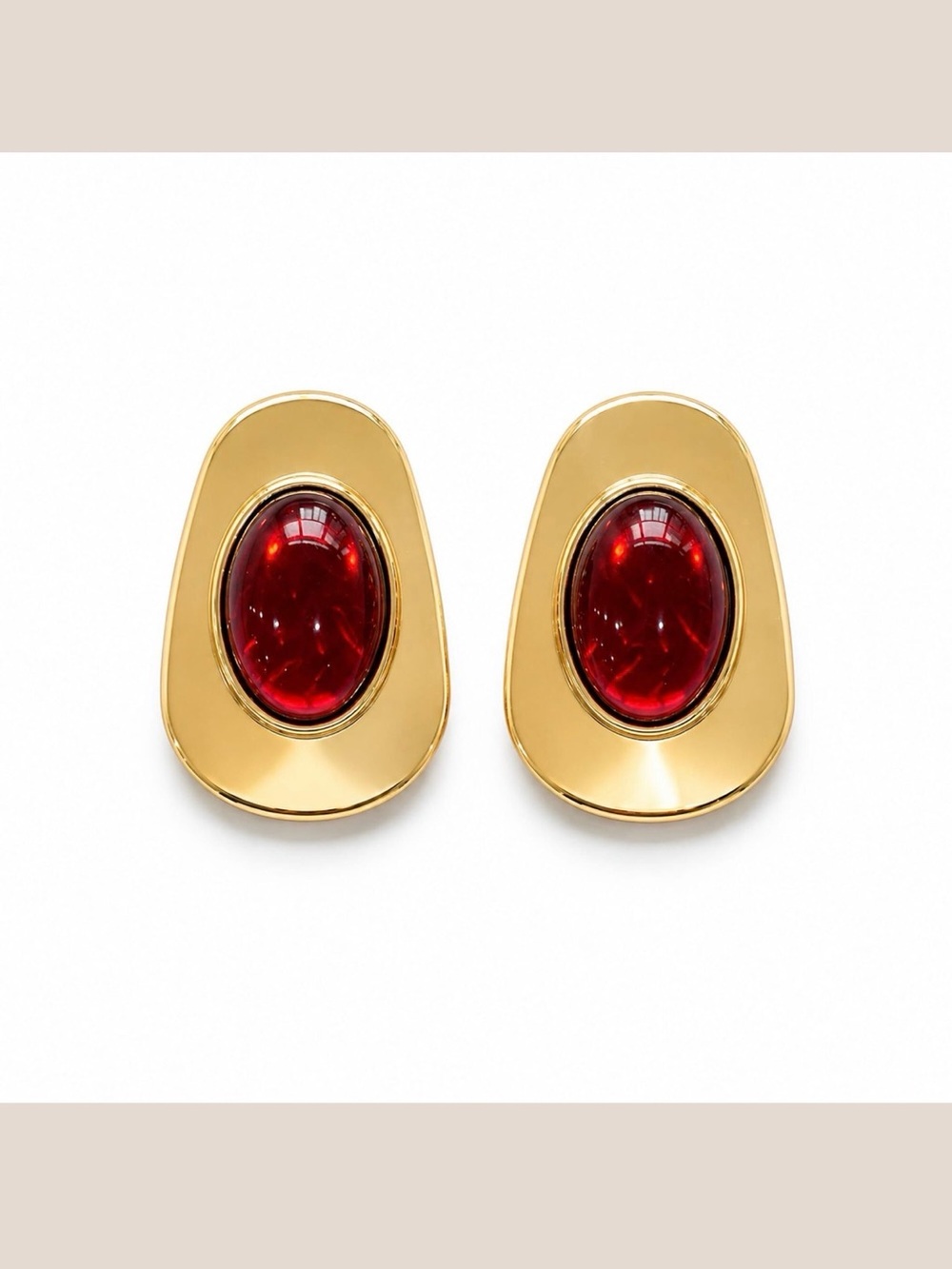 Mayamar 18k Gold Plated Oval Sculpted Chunky Earrings W/Ruby Red Cabochon NWT